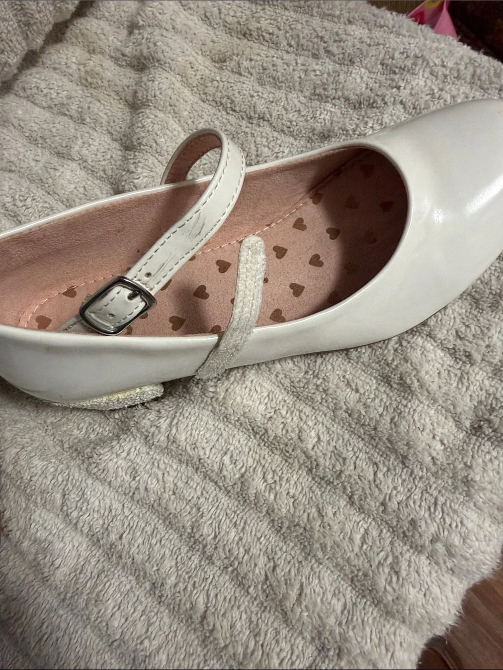 SO White Patent Mary Jane Dress Shoes with Pink Heart Insole